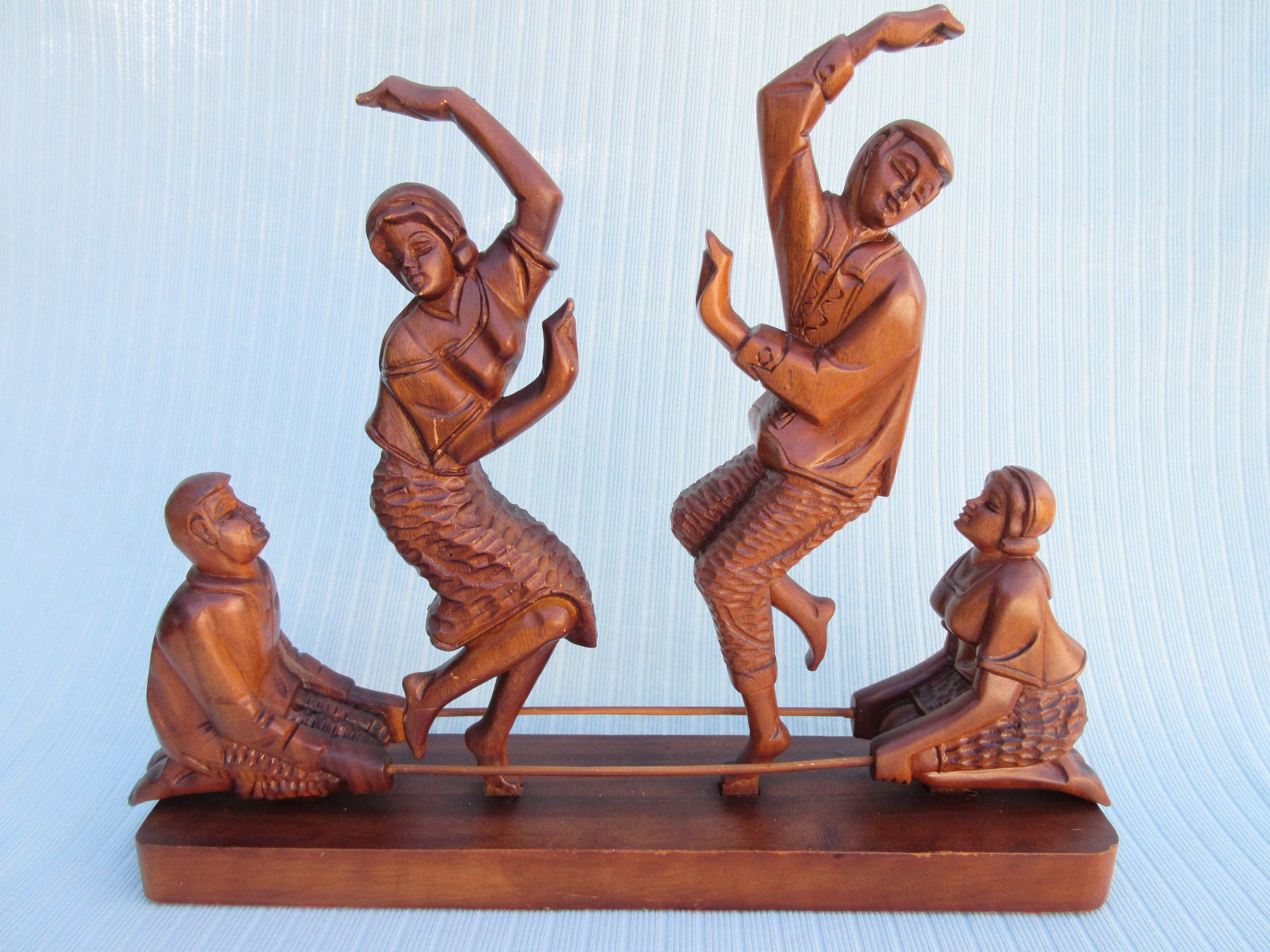 Carved Wood Statue Filipino Tinikling Folk Dance Vintage Natural