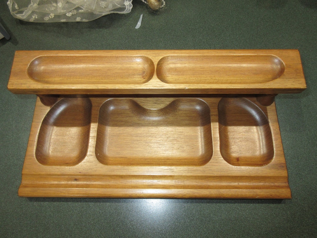 Men's Dresser Tray Vintage 13 X 6 Walnut Carved Wood With Divider