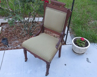 Antique parlor side chair vintage carved Ornate detailed wood Green & Gold plaid fabric desk accent dresser vanity dressing room old fashion