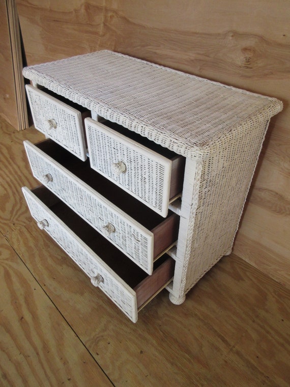 Wicker Dresser Chest Of Drawers Vintage White Painted Wood Etsy