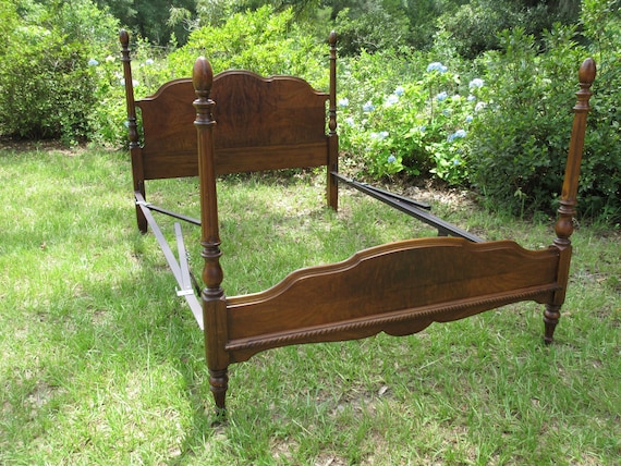Antique Burl Walnut Wood Full Size Four Poster Style Bed Beautiful