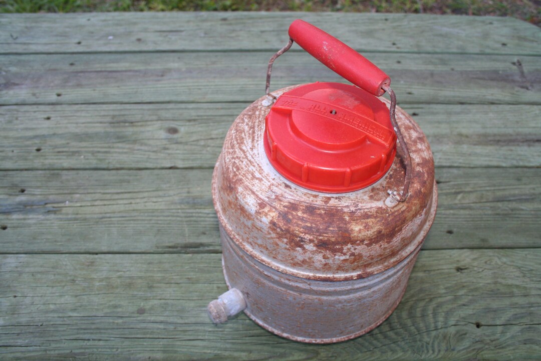 Thermos 1 Gallon Heavy Metal Glass Lined Vintage Red Lid Wood Handle