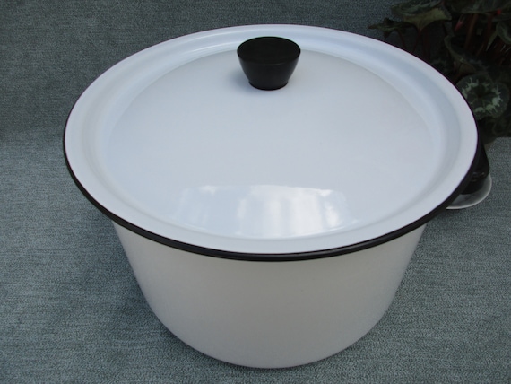 Antique Vintage Large Enamel Pot Stock Extra Large Dutch Oven With Lid Pan  Cookware Dish White With Black Trim Unusually Good Condition 