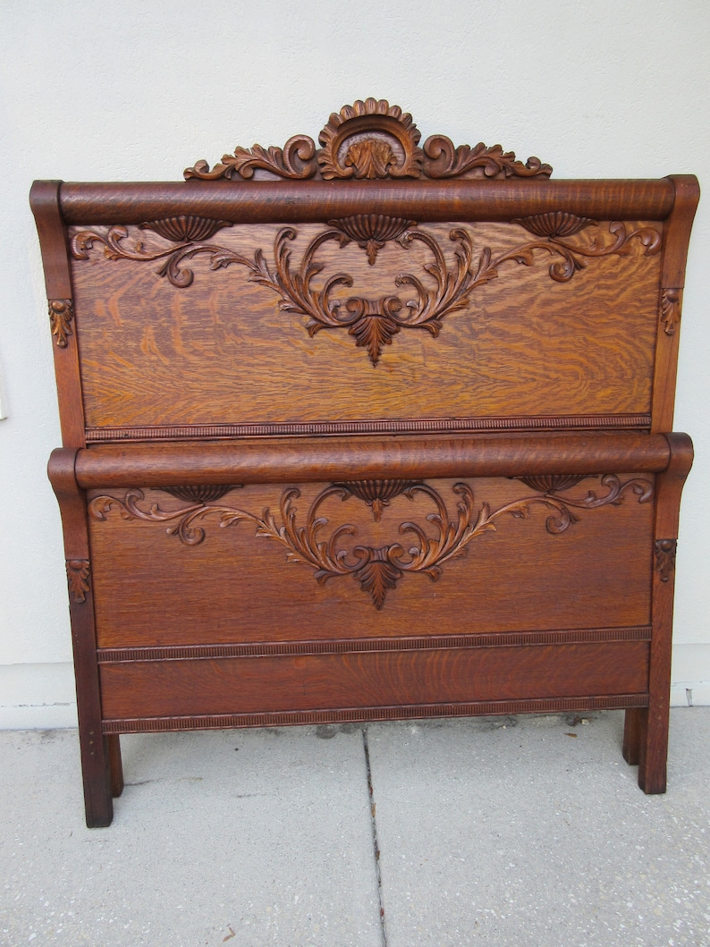 Antique Bed Headboard Footboard Vintage Carved Wood Filigree Etsy