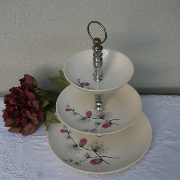 Three tier dessert serving tray dish Retro Vintage Cannonsburg Pottery Wild Clover Pink bloom pine cone ceramic entertaining tall wedding
