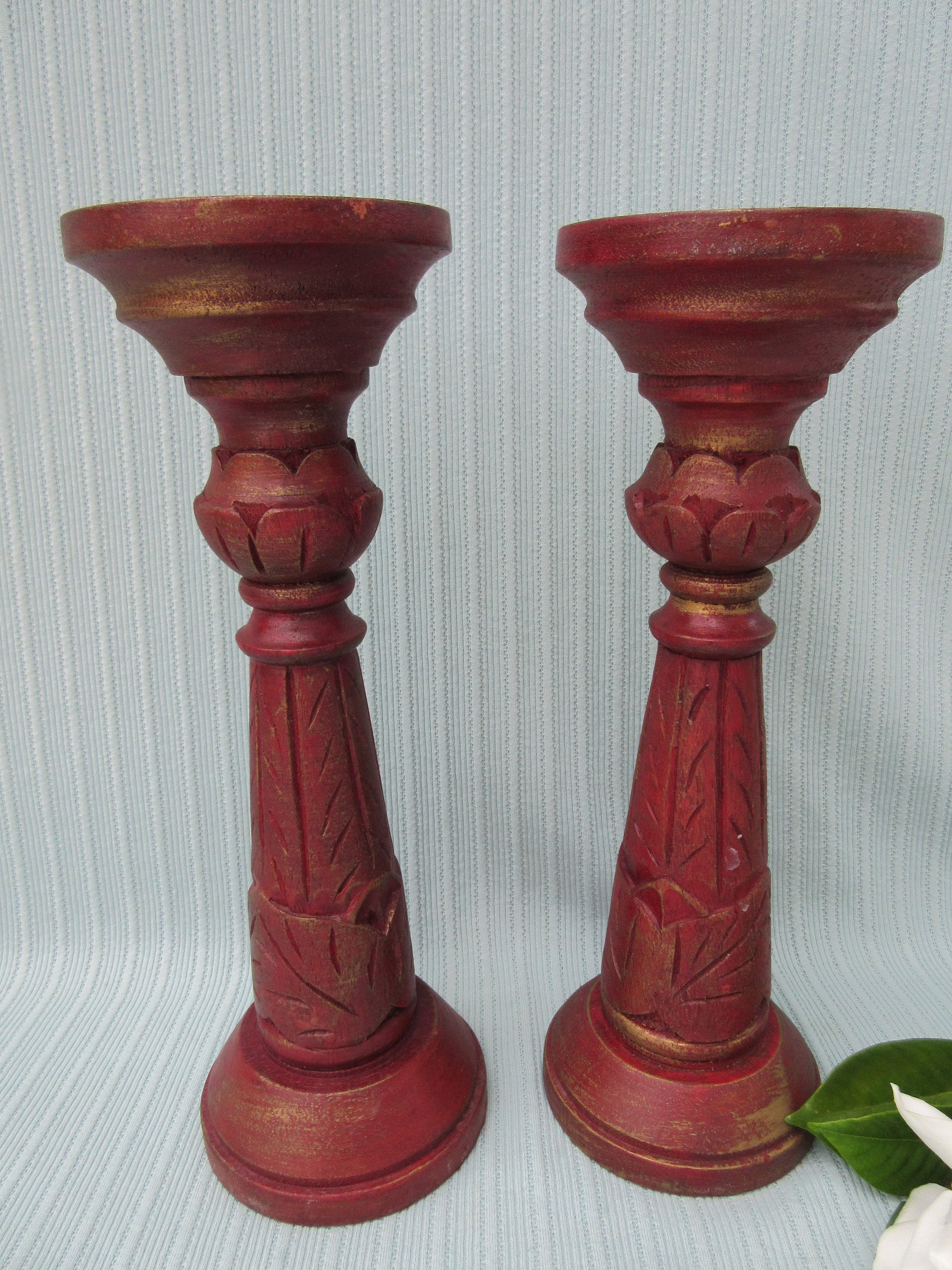 Candle Holders Wood Carved Set of 2 Matching pair Vintage tall Etsy