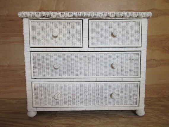 Wicker Dresser Chest Of Drawers Vintage White Painted Wood Etsy
