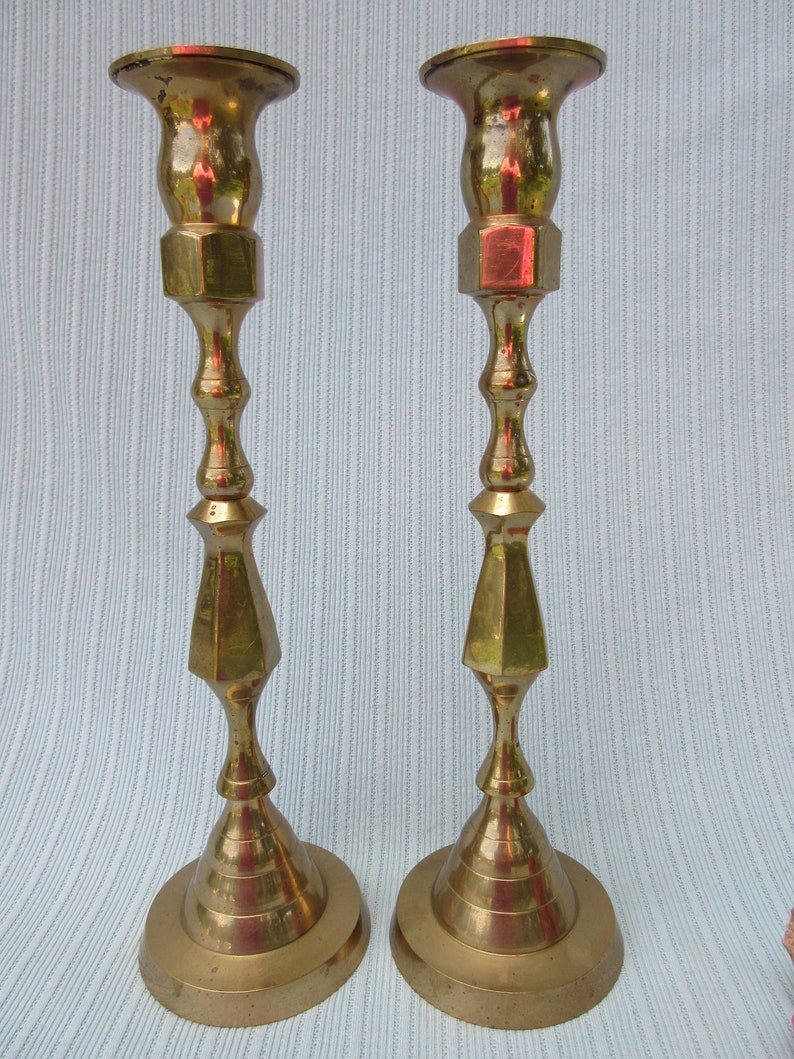 Candle holders Vintage solid brass 13 taper sticks matching pair centerpiece set of two light patina gold tone wedding 50th anniversary