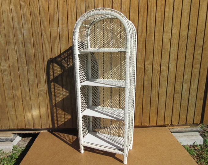 Vintage Tall White Wicker Shelf Shelving Unit With Rounded Arched Top
