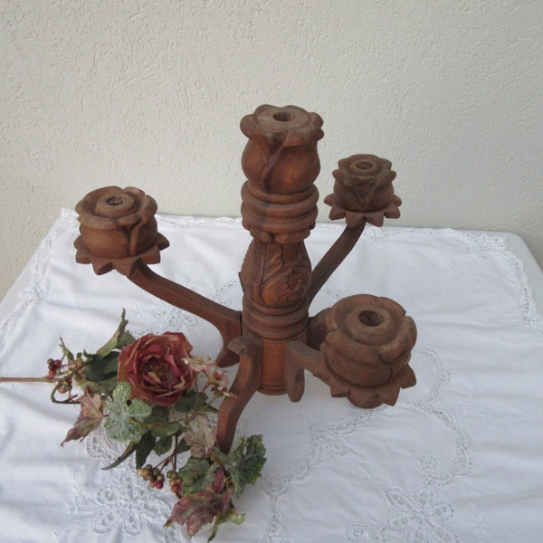 Candelabra candle holder carved wood Elegant Vintage tall 14 1/2" footed carved table centerpiece 4 light Buffet Party wedding rose stand