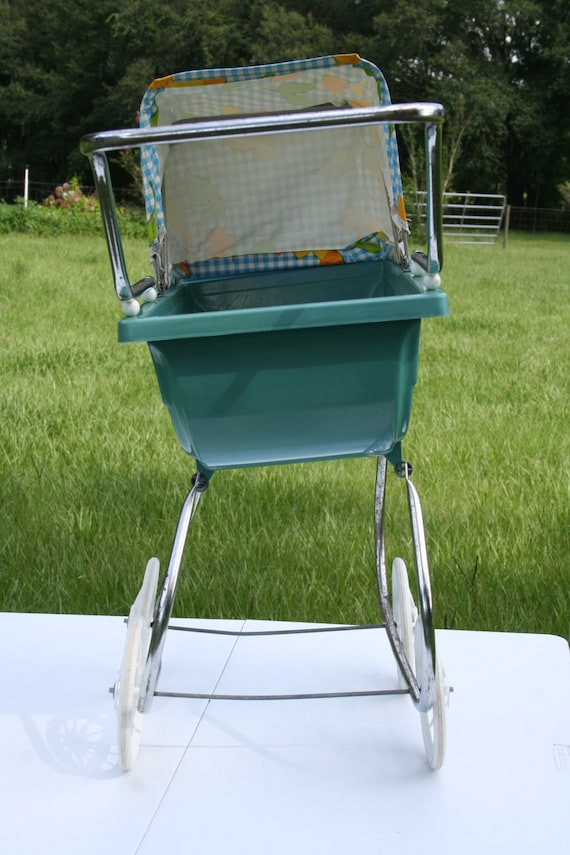 Doll Carriage Stroller Buggy Vintage Retro Green Blue and