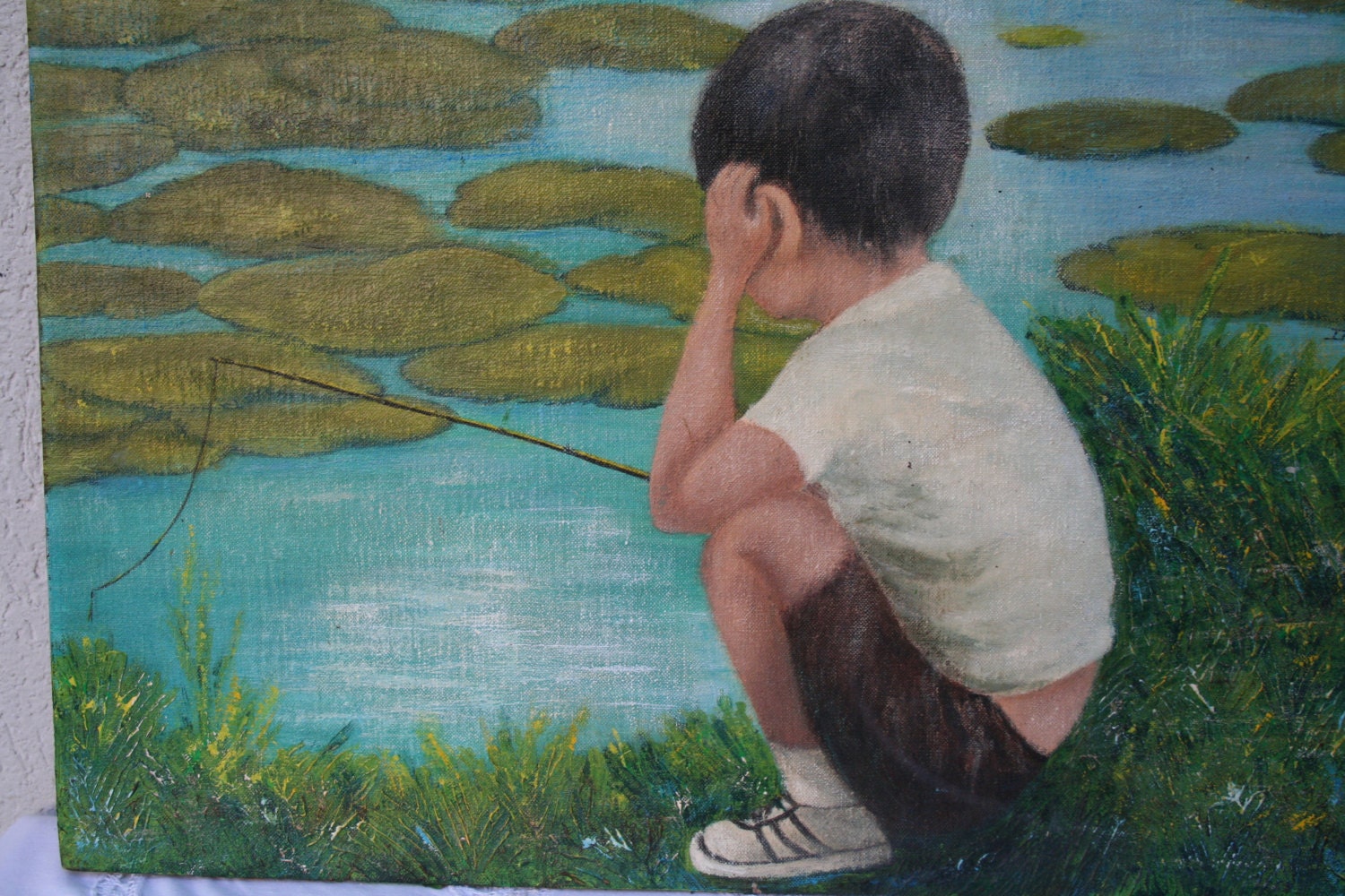 Painting of Little Boy Fishing Vintage Signed Dixie Graves Titled craig  Pond Water Lilies Acrylics on Thin Painters Canvas Board Wall Art 
