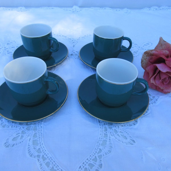Set of four,Vintage deep,teal green Demitasse cup and saucer set,Veles Titon Jugoporcelan,real gold trim,expresso,coffee,tea cups & saucers