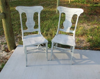 Set of 2 Country Rustic wood chairs matching pair shabby chic desk kitchen vanity straight back white wash simple design bentwood supports