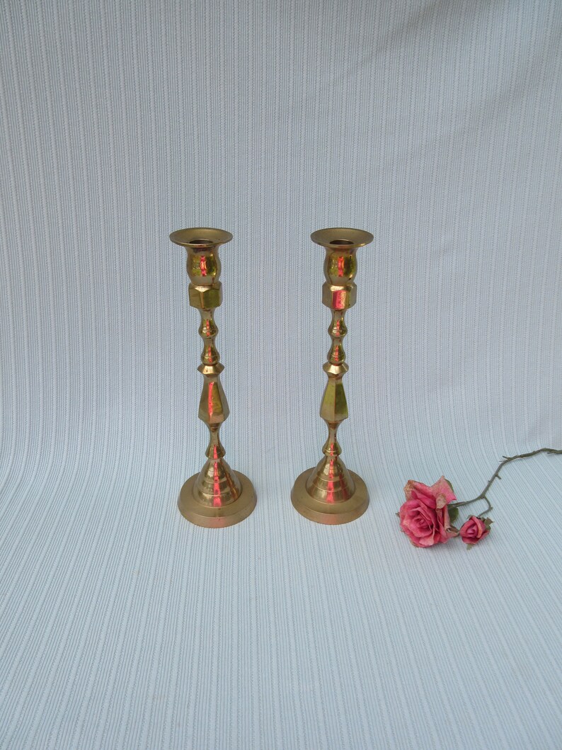 Candle holders Vintage solid brass 13 taper sticks matching pair centerpiece set of two light patina gold tone wedding 50th anniversary