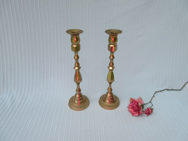 Candle holders Vintage solid brass 13 taper sticks matching pair centerpiece set of two light patina gold tone wedding 50th anniversary