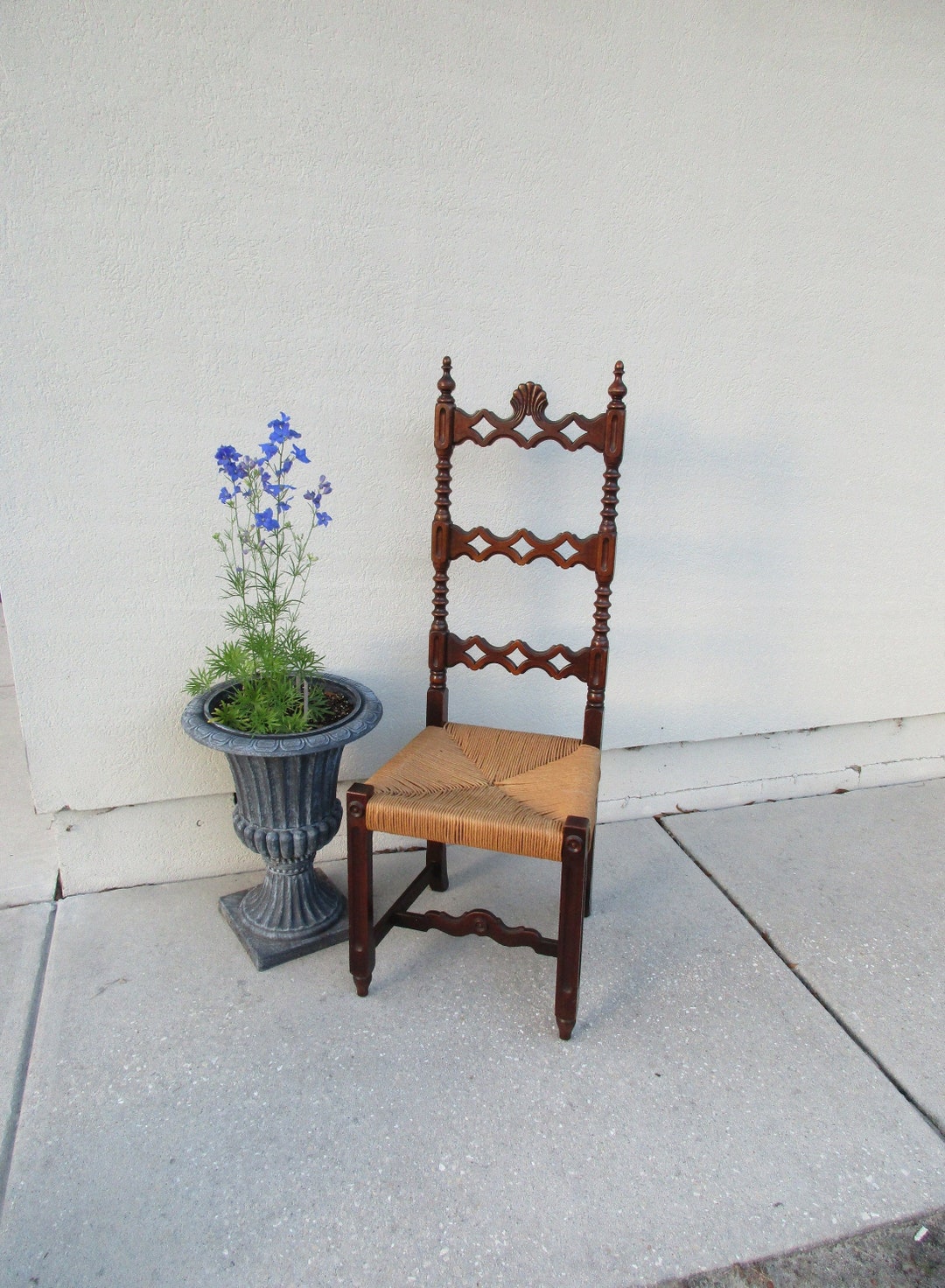 Fancy Carved Tall Ladder Back Chair 48 Vintage Excellent Condition Wood