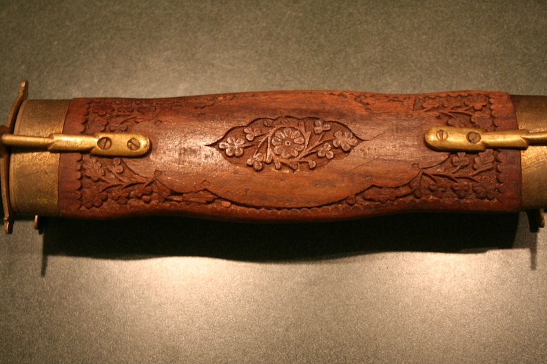 Meat Carving Knife Fork Set Vintage Carved Wood Brass Turkey Etsy