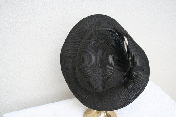 Vintage, black,woven ,ladies, dress hat, with fea… - image 2