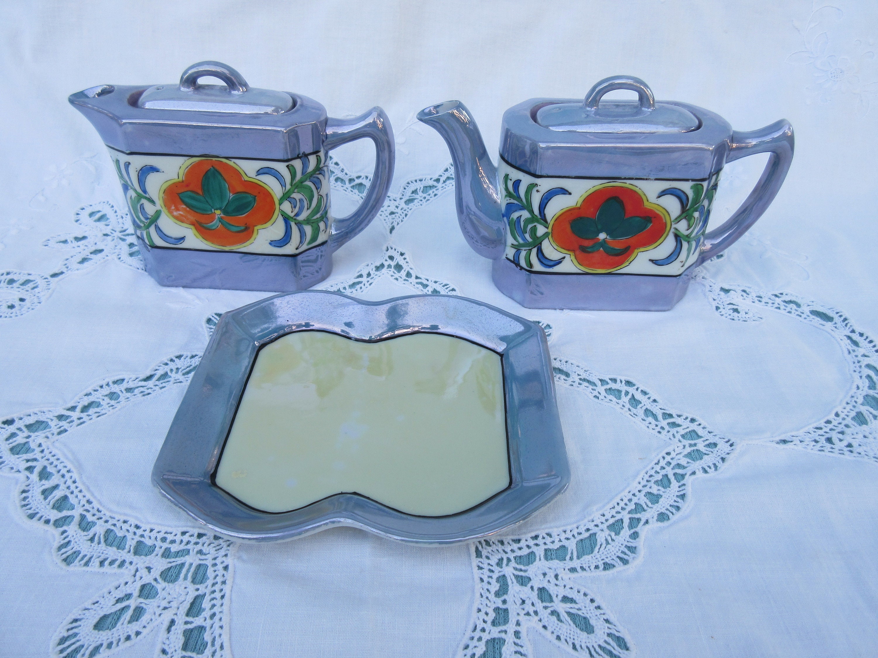 アニメ Twin of Tribute Teadrops Takito Lusterware Mini Twin Teapot Antique Iridescent Blue