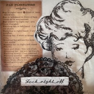 Fan Flirt: met de hand geborduurd Edwardian Lady Gibson Girl met godslastering ingelijste foto