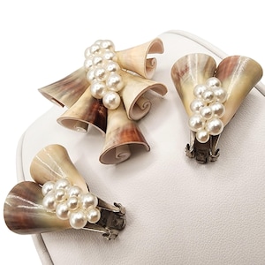 1950s Shell “Ribbon” Brooch & Clip Earrings Set • Pearl Clusters • Japan/Philippines