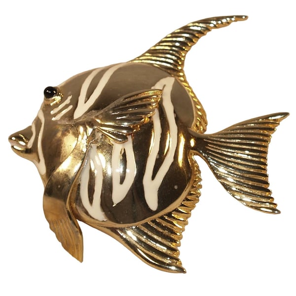 Vintage Angel Fish Pin Brooch Goldtone with White Enamel and black glass eye