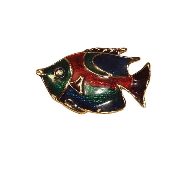 Vintage Enamel Fish Pin Brooch 1980s 80s Gold Tone Multicolored Tropical Salt Water