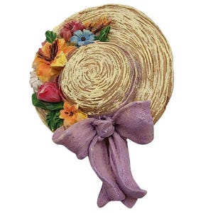 Vintage Resin Easter Bonnet Brooch • Straw Hat w/ Flowers & Purple Bow • 2.25&quot;