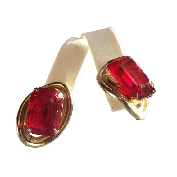 Vintage Coro Earrings w/ Large Red Marquis Cut Gl… - image 4