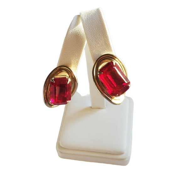 Vintage Coro Earrings w/ Large Red Marquis Cut Gl… - image 1
