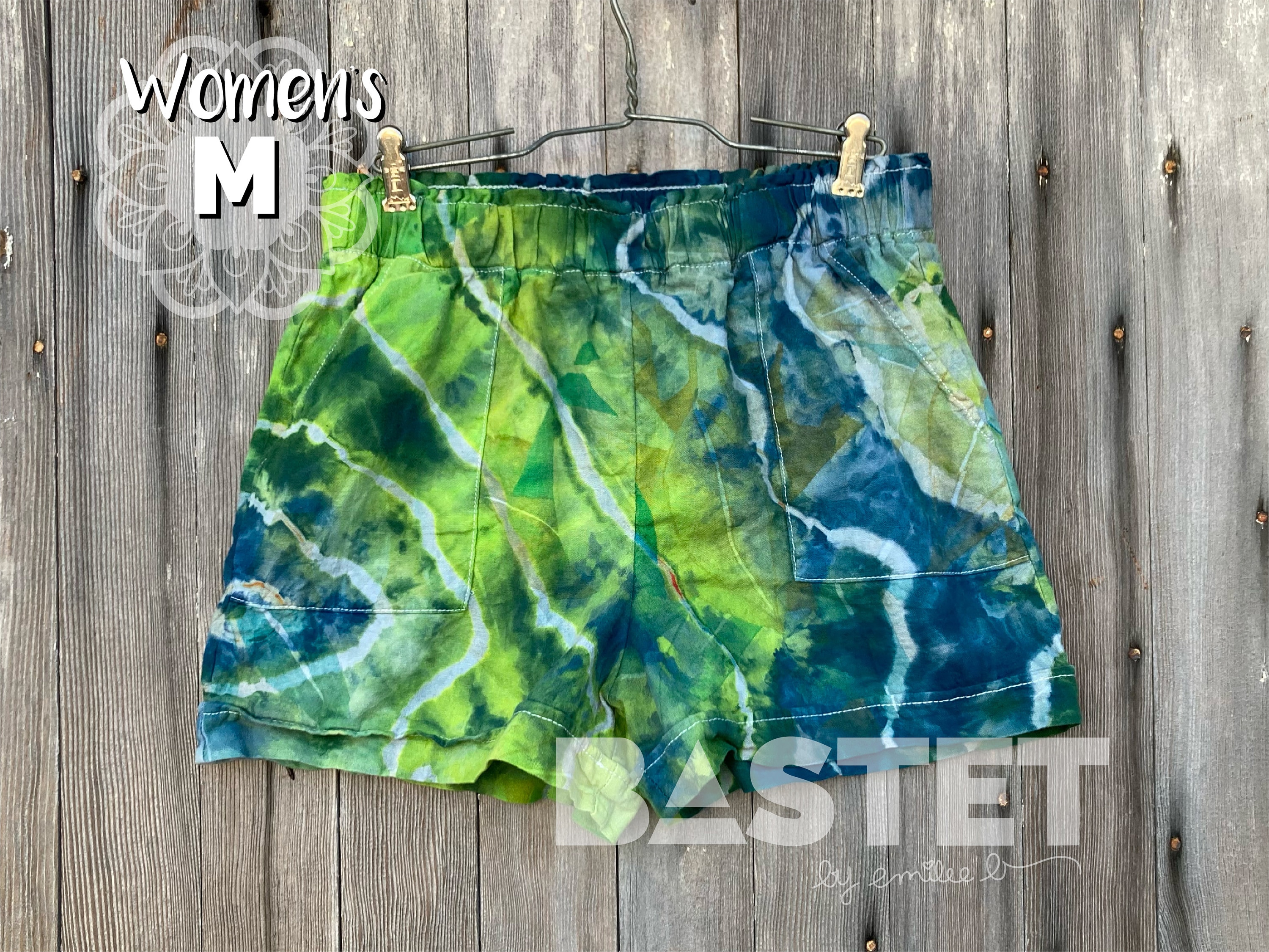 Medium (8-10) READY TO SHIP Reverse Watercolor Style Geode Ice Dye High Waisted Linen Blend Utility Shorts - Aurora