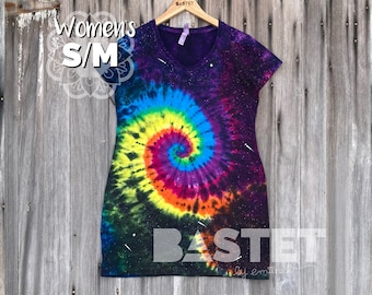 S/M Ready to Ship, Spiral Galaxy Tie Dye V-Neck T-Shirt Dress, Galaxy Tie Dye, Tie Dye Dress Sleeves, Tie Dye Tshirt Dress, Galaxy Dress