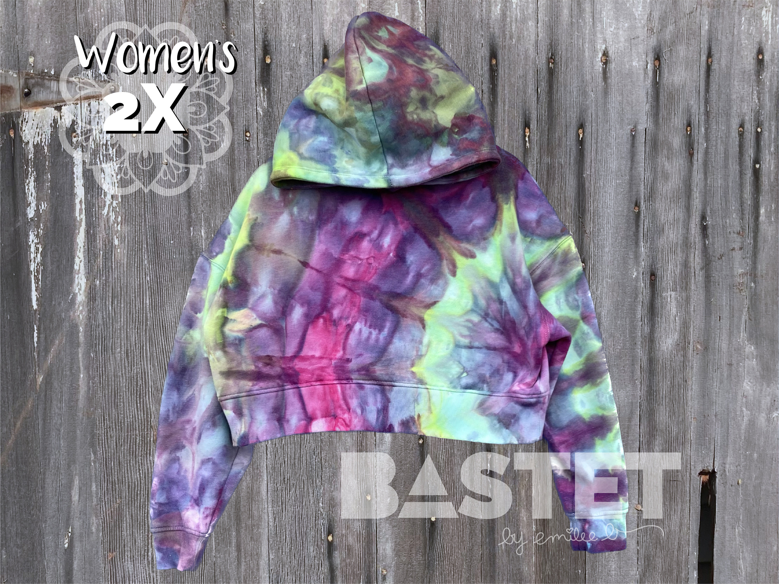 2X Plus READY TO SHIP Ice Dye Tie Dye Organic Cotton Woman's Pullover Crop Hoodie - Hecate