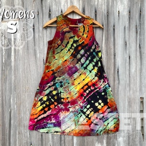 Small (4-6) Ready to Ship, Reverse Tie Dye Rainbow Geode Relaxed Swing Dress with Pockets, Rainbow Tie Dye Dress, Geode Tie Dye Dress