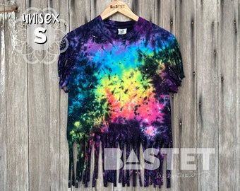 Small READY TO SHIP Pastel Rainbow Galaxy Tie Dye Crop Top, Hand Cut Fringe, Cut Up Shirt, Fringe Shirt, Space Shirt, Festival Clothing