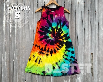 Small (4-6) Ready to Ship, Reverse Tie Dye Rainbow Spiral Relaxed Swing Dress with Pockets, Rainbow Tie Dye Dress, Hippie Tie Dye Dress