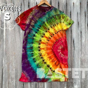 Small (4-6) Ready to Ship, Reverse Tie Dye Rainbow T-Shirt Dress, Rainbow Tie Dye Dress, Boho Rainbow Dress, Hippie Tie Dye Dress