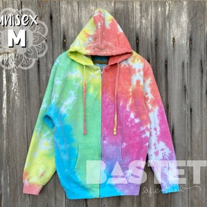 Medium READY TO SHIP Hand Dyed Pastel Spiral Rainbow Tie Dye Zip Hoodie