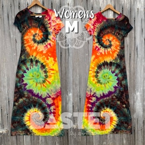 Vestido largo bohemio con triple abertura lateral y efecto tie-dye, talla mediana (8-10), listo para enviar.