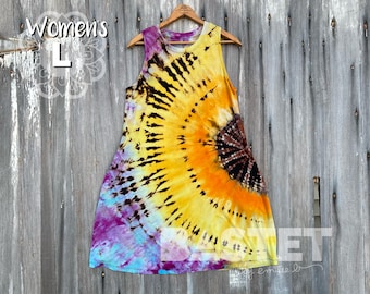 Vestido holgado con estampado de girasoles, con efecto tie-dye, con bolsillos, talla grande (12-4), listo para enviar. Vestido de girasoles para mujer, efecto tie-dye con estampado de girasoles.
