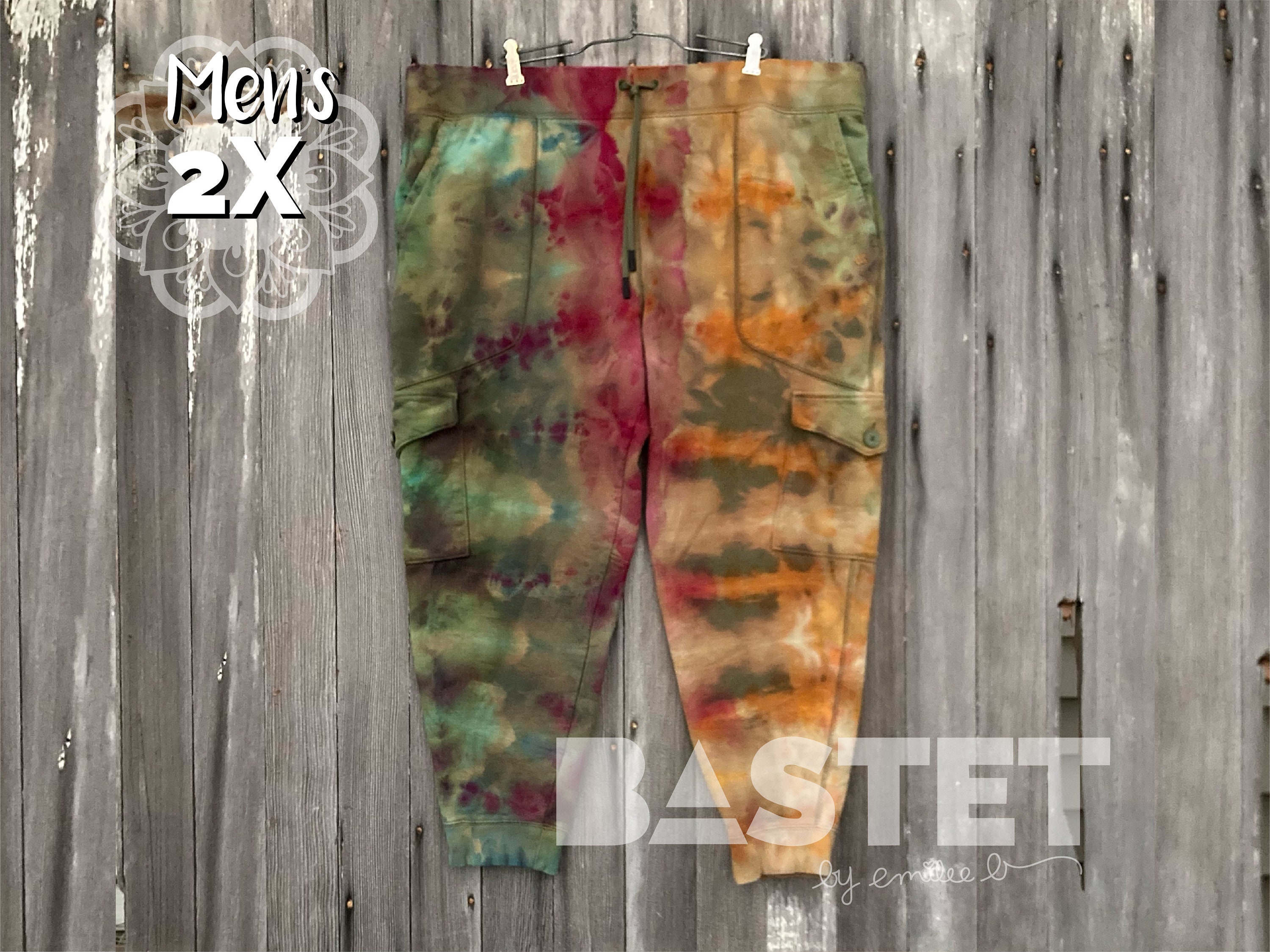 2X Ready to Ship, Reverse Watercolor Style Ice Dye Tie Dye VRST Cargo Joggers, 100% Cotton Joggers, Tie Dye Joggers, Cargo Joggers