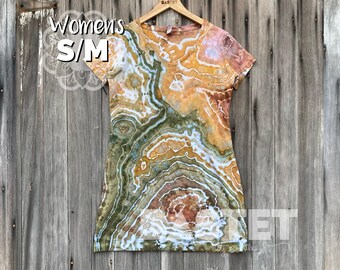 S/M Ready to Ship, Watercolor Geode Ice Dye V-Neck T-Shirt Dress - Artemis, Geode Tie Dye Dress, Tie Dye Dress Sleeves, Tie Dye Tshirt Dress