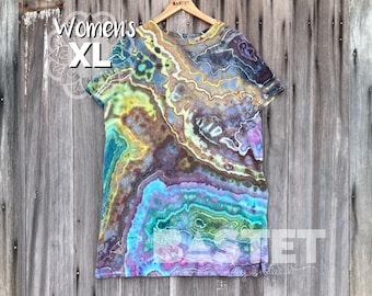 XL (16-18) Ready to Ship, Watercolor Geode Ice Dye T-Shirt Dress - Ixchel, Geode Tie Dye Dress, Tie Dye Dress Sleeves, Tie Dye Tshirt Dress