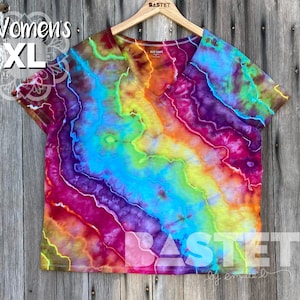 XL (16-18) Ready to Ship, Rainbow Geode Ice Dye Relaxed V-Neck Shirt, Womens Tie Dye Top, Geode Tie Dye Womens, Womens Rainbow Tshirt
