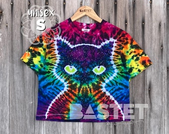 Small Ready to Ship, Tie Dye Galaxy Cat Crop T-Shirt, Cat Tie Dye Tee Shirt, Galaxy Cat Tshirt, Tie Dye Crop Shirt, Tie Dye Cat Shirt