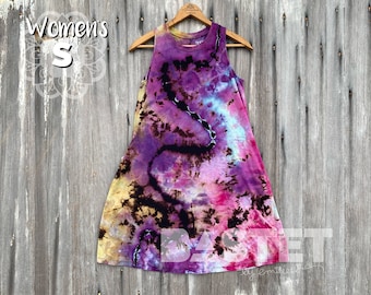 Pequeno (4-6) Pronto para enviar, estilo aquarela, tingimento de gelo reverso, vestido relaxado com bolsos, vestido tie-dye, comprimento médio, vestido boho