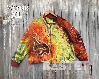 Chaqueta bomber ligera de geoda con efecto tie-dye inverso, talla XL (16-18), lista para enviar. Chaqueta 100 % algodón para mujer. Chaqueta tie-dye para mujer.