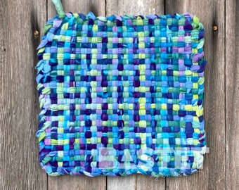 LISTO PARA ENVIAR Potholder tejido, camiseta reciclada, soporte de olla extra grande, salvamanteles tejido, cocina boho, casa hippie, regalo de inauguración de la casa boho