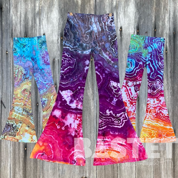 CUSTOM Watercolor Style Geode Tie Dye Bell Bottoms S-3X, Women’s Flared Leggings, Flare Yoga Pant, Tie Dye Lounge Pant, Women’s Hippie Pants